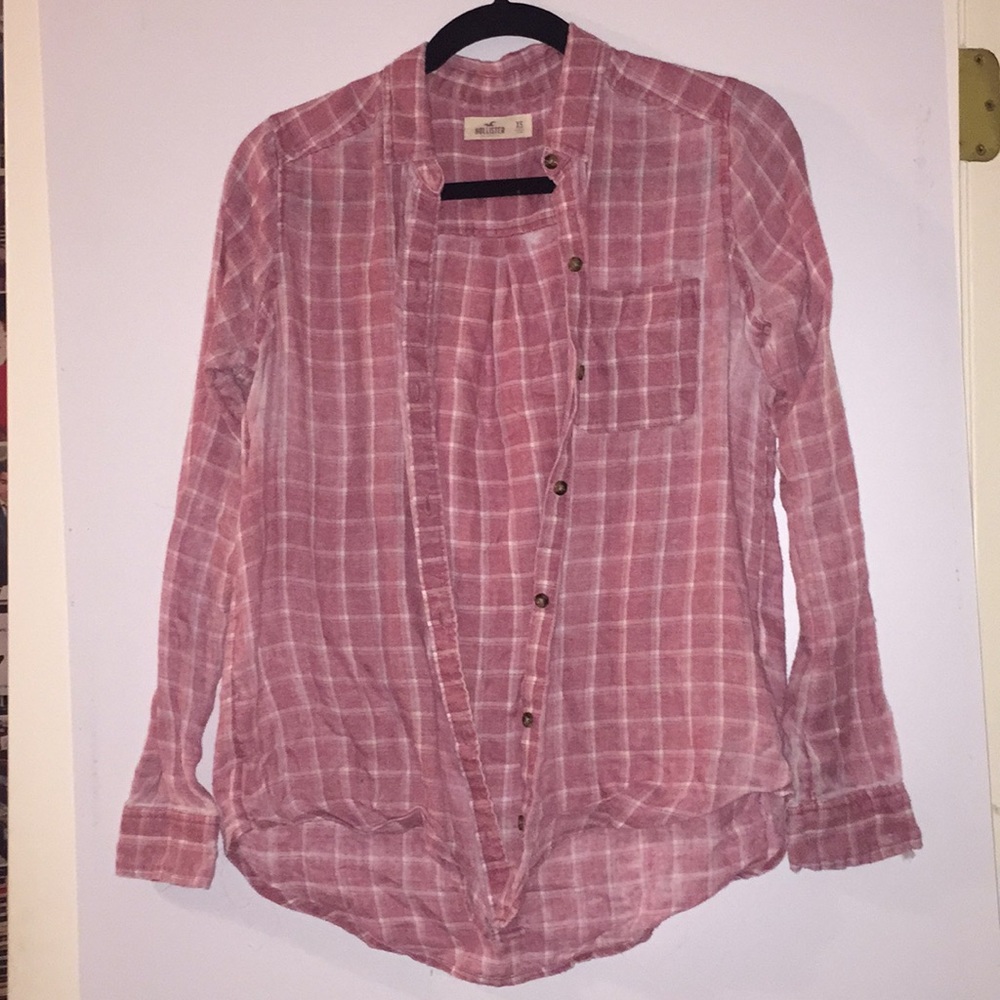 Hollister Pink/Peach Button Up Flannel-Esque Top